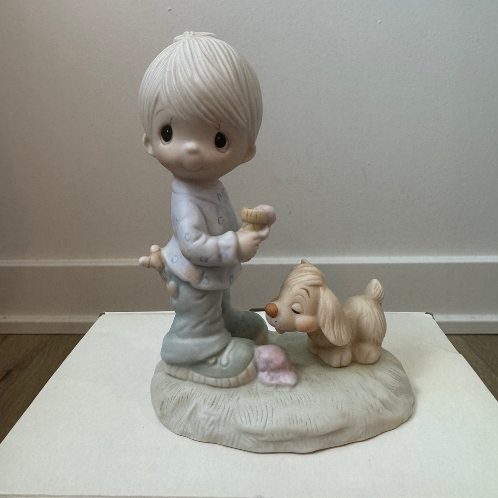 Precious Moments Praise The Lord Anyhow Boy Dog Ice Cream Figurine 1976 E-1374/B